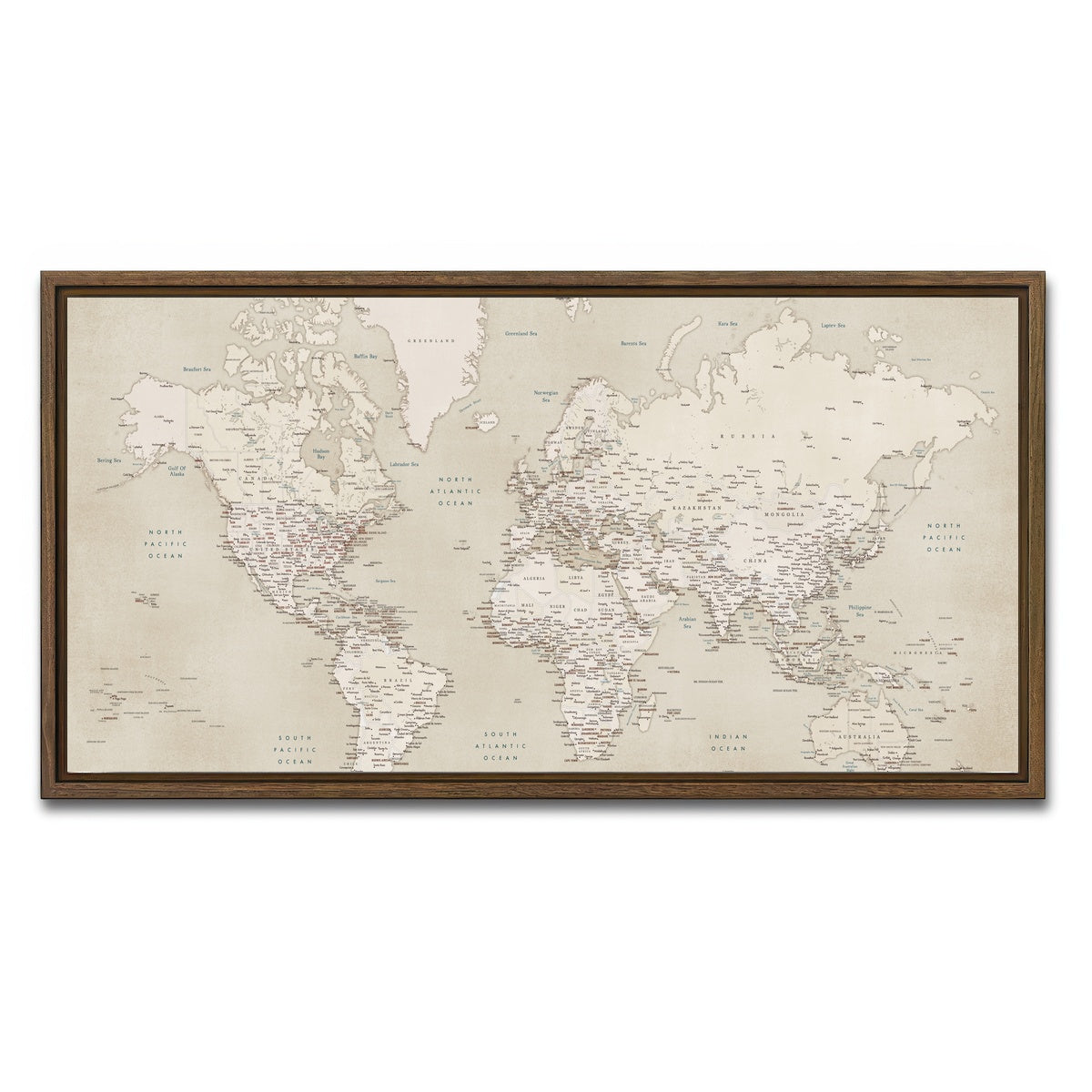 AUTO-MOCKUP WHITE | World Map 29 | 1 Piece | Walnut Framed Canvas | group=2x1