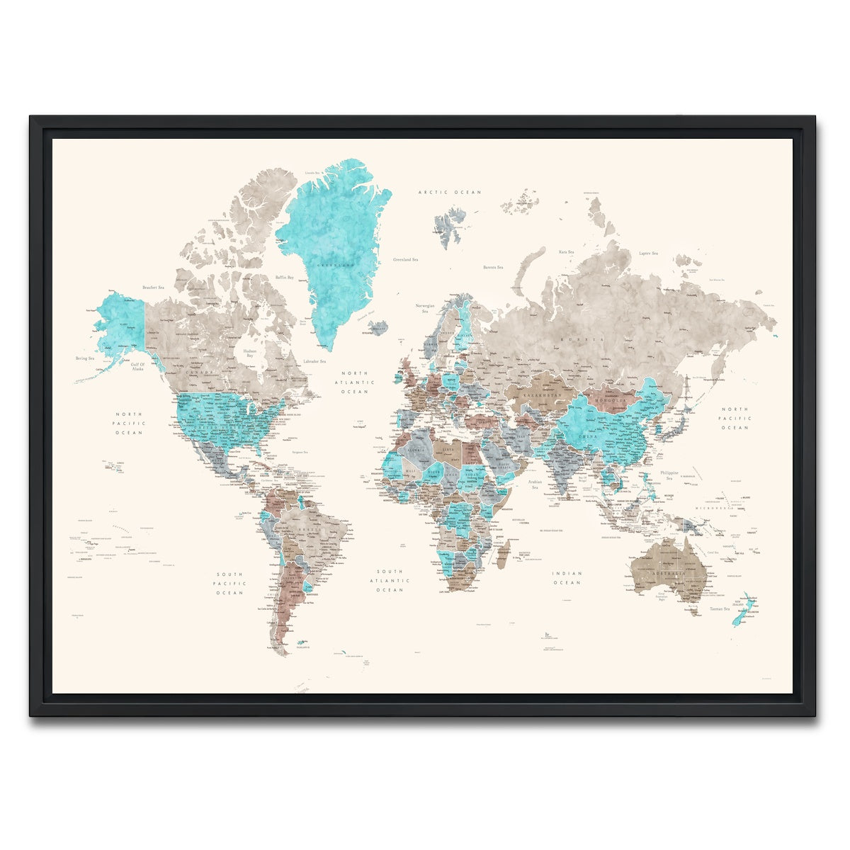AUTO-MOCKUP WHITE | World Map 32 | 1 Piece | Black Framed Canvas | group=4x3