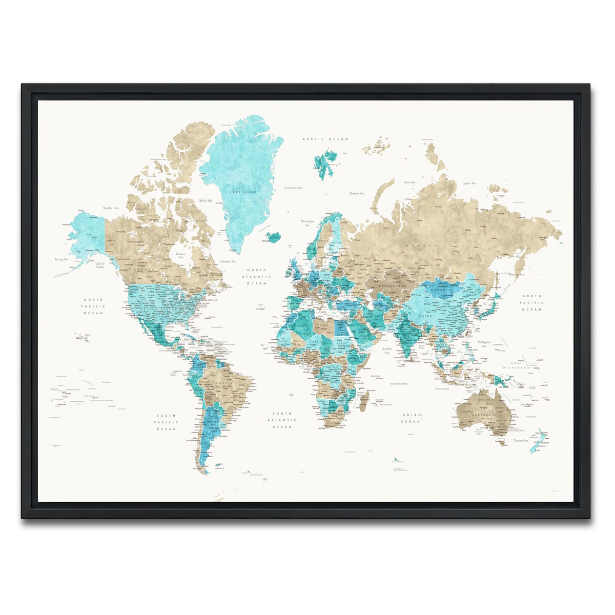 AUTO-MOCKUP WHITE | World Map 33 | 1 Piece | Black Framed Canvas | group=4x3