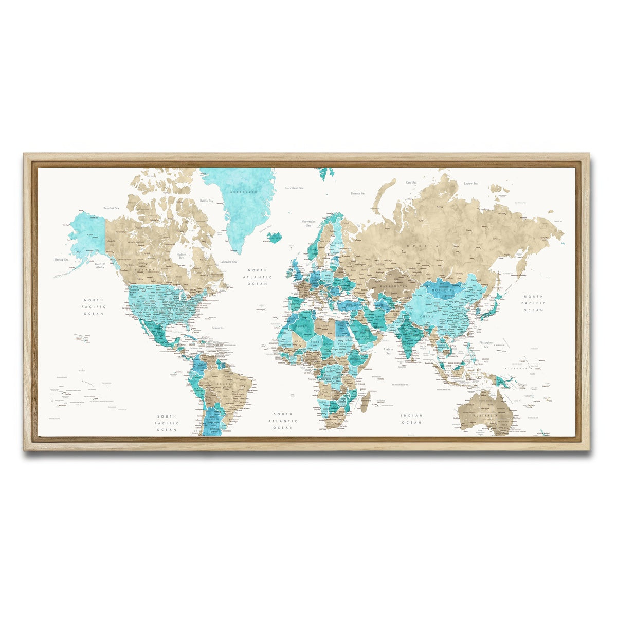 AUTO-MOCKUP WHITE | World Map 33 | 1 Piece | Natural Framed Canvas | group=2x1