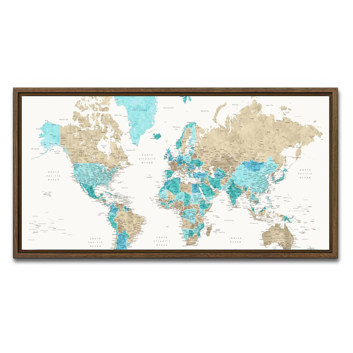 AUTO-MOCKUP WHITE | World Map 33 | 1 Piece | Walnut Framed Canvas | group=2x1
