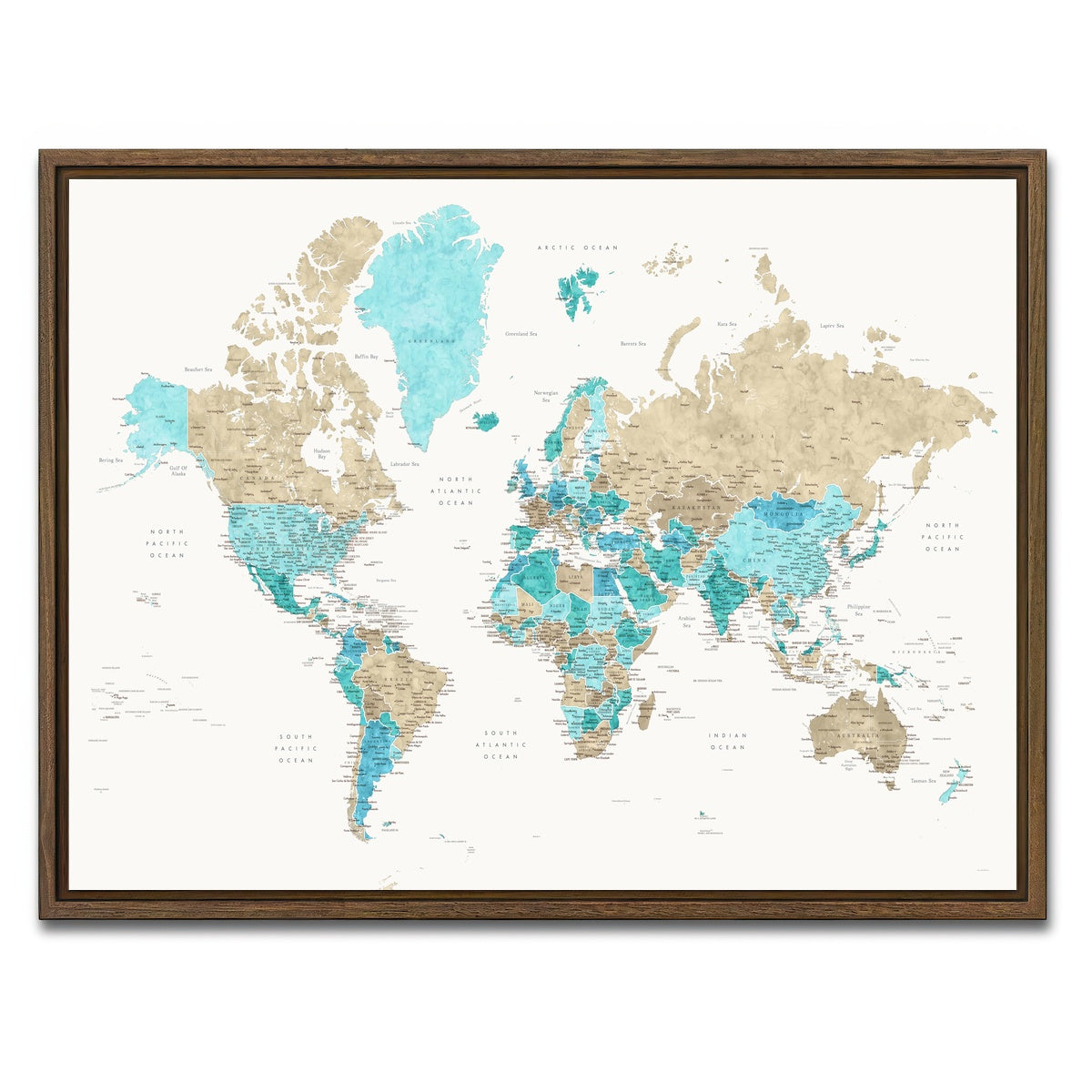 AUTO-MOCKUP WHITE | World Map 33 | 1 Piece | Walnut Framed Canvas | group=4x3