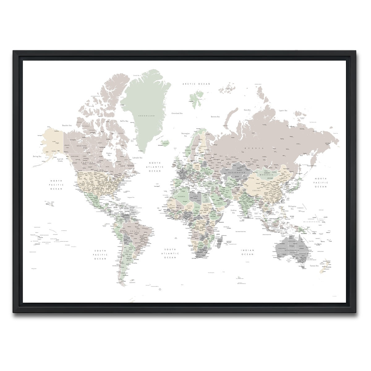 AUTO-MOCKUP WHITE | World Map 3 | 1 Piece | Black Framed Canvas | group=4x3