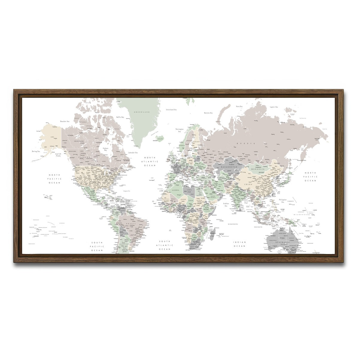 AUTO-MOCKUP WHITE | World Map 3 | 1 Piece | Walnut Framed Canvas | group=2x1