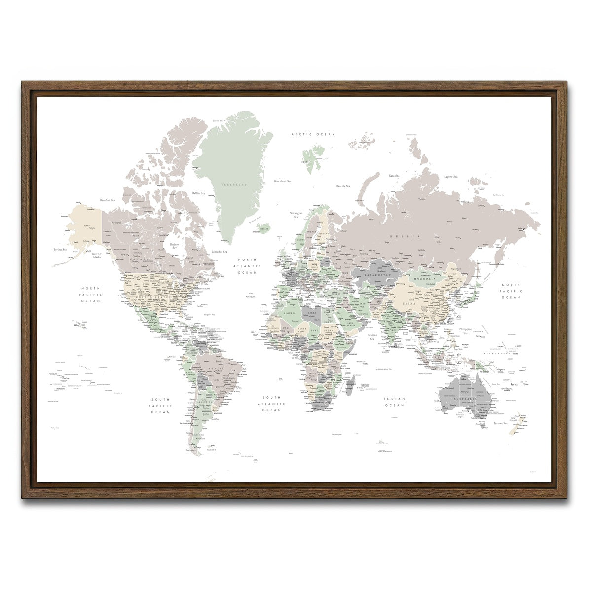 AUTO-MOCKUP WHITE | World Map 3 | 1 Piece | Walnut Framed Canvas | group=4x3
