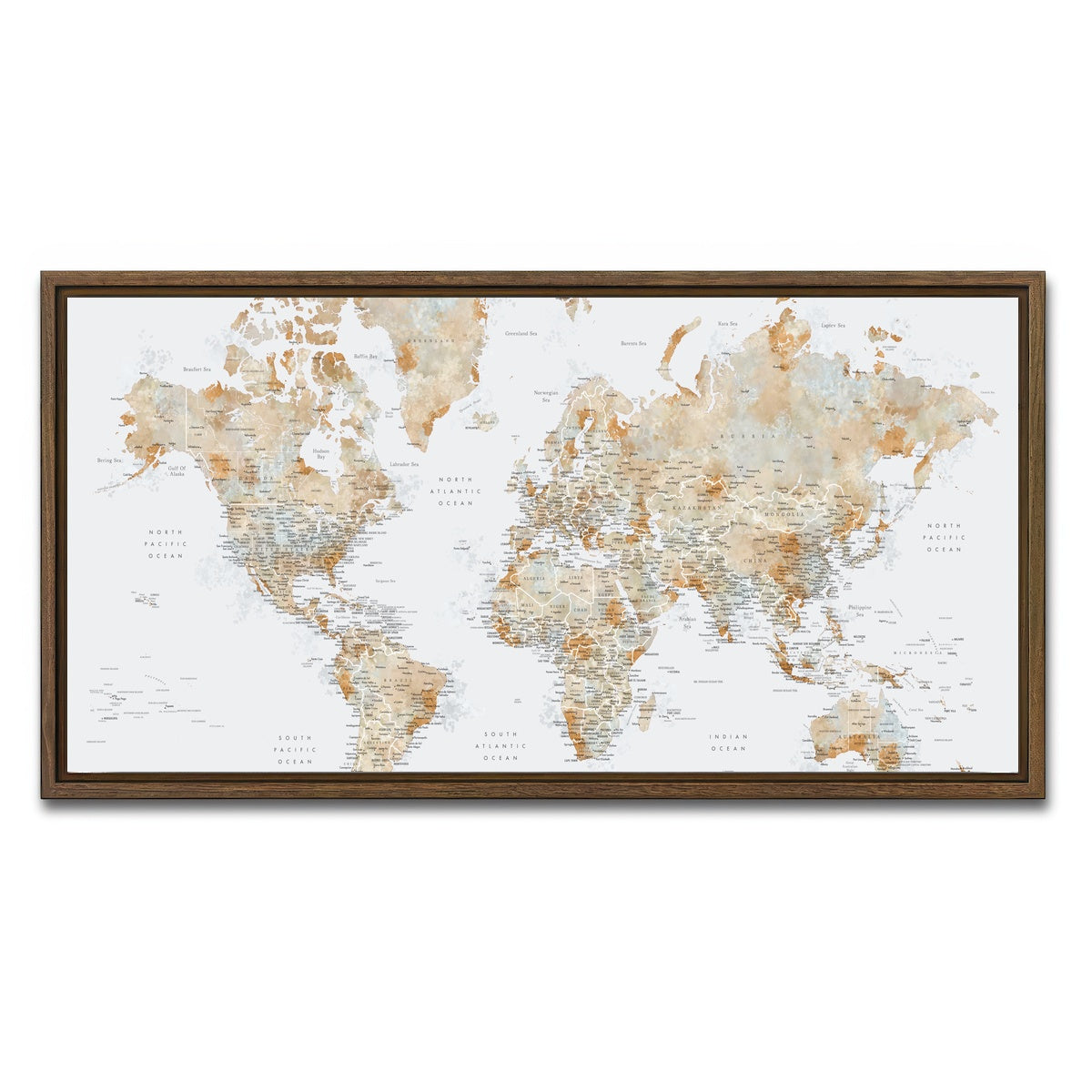 AUTO-MOCKUP WHITE | World Map 46 | 1 Piece | Walnut Framed Canvas | group=2x1