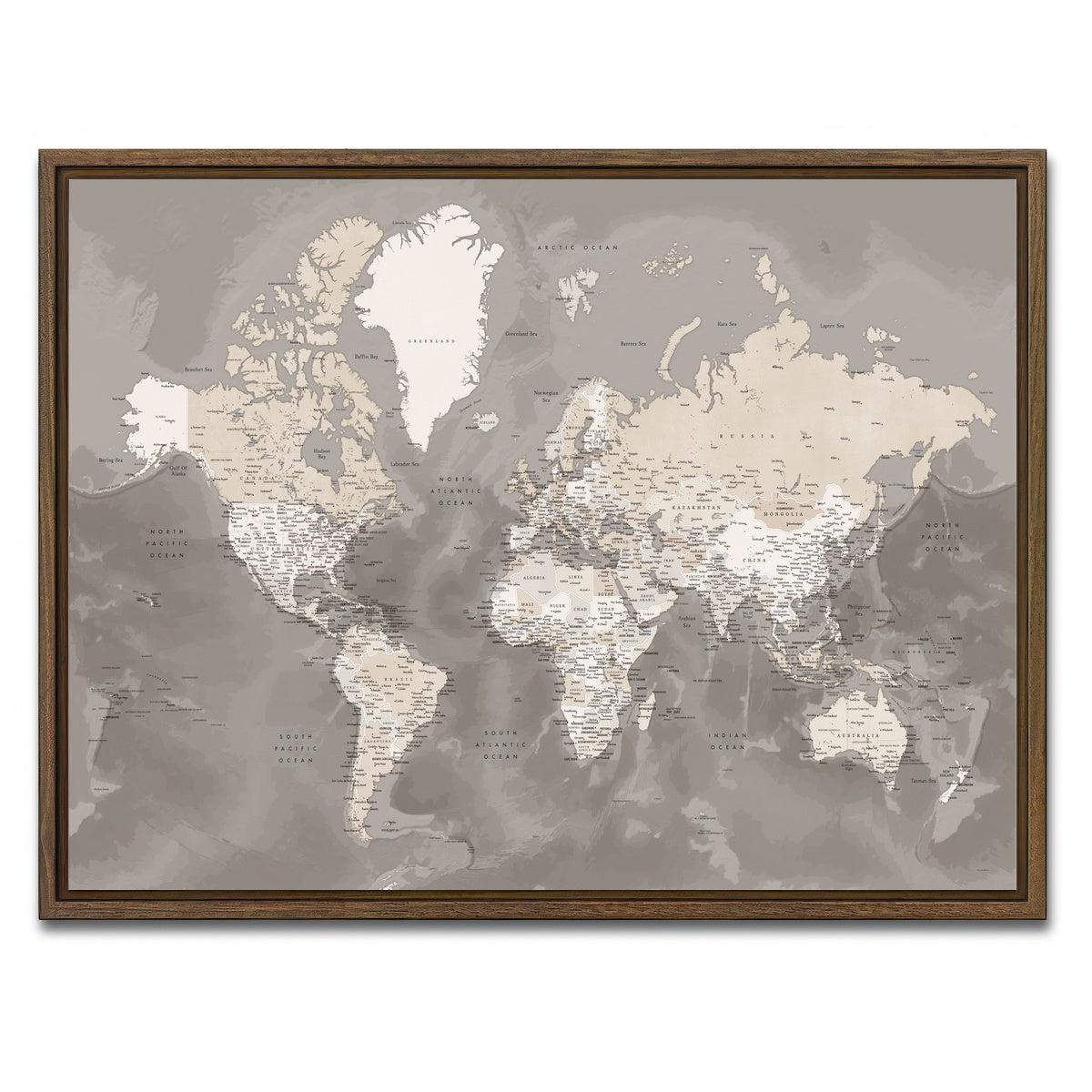 AUTO-MOCKUP WHITE | World Map 49 | 1 Piece | Walnut Framed Canvas | group=4x3