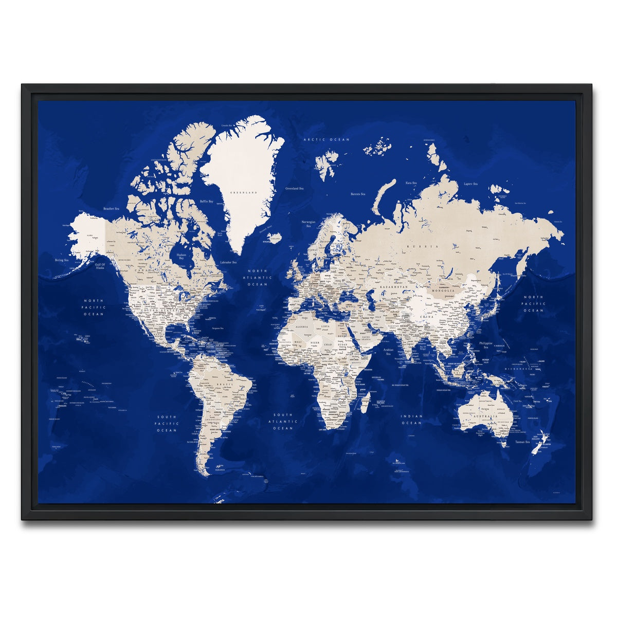 AUTO-MOCKUP WHITE | World Map 51 | 1 Piece | Black Framed Canvas | group=4x3