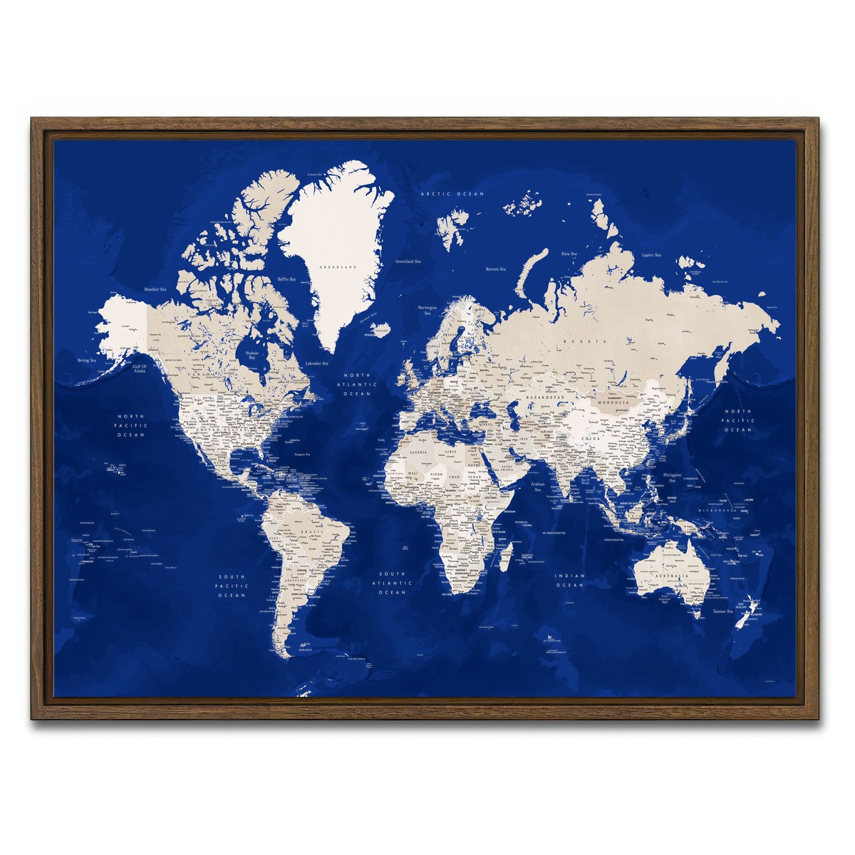 AUTO-MOCKUP WHITE | World Map 51 | 1 Piece | Walnut Framed Canvas | group=4x3