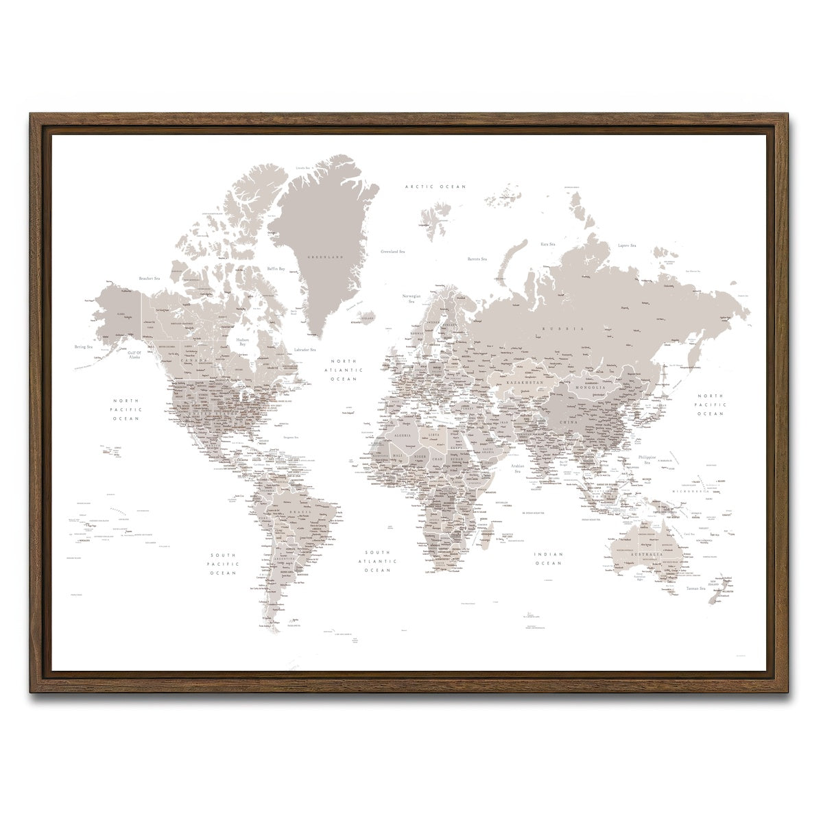 AUTO-MOCKUP WHITE | World Map 8 | 1 Piece | Walnut Framed Canvas | group=4x3