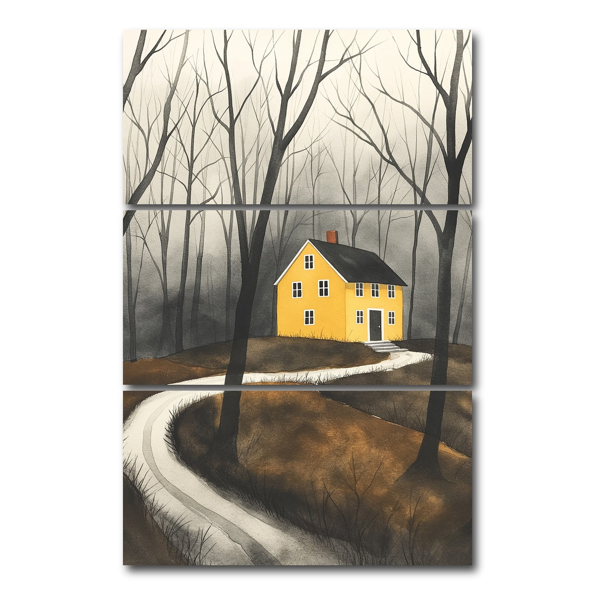 AUTO-MOCKUP WHITE | Yellow House in Woods | 3 Piece | Gallery Wrap Canvas | group=12x24_stacked