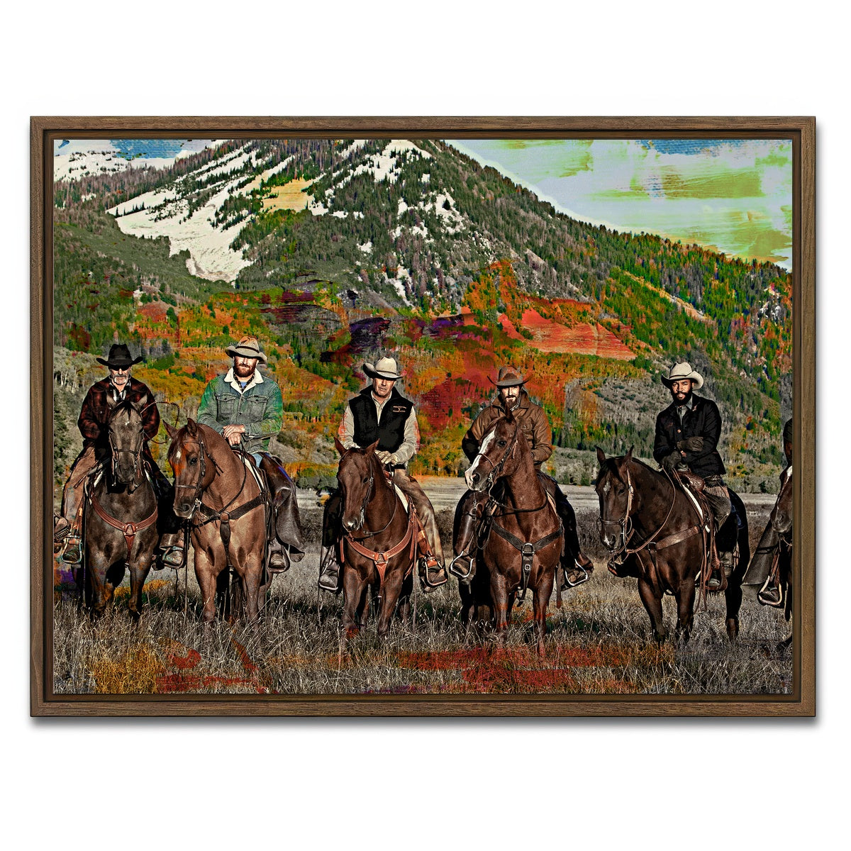 AUTO-MOCKUP WHITE | Yellowstone Horse Lineup | 1 Piece | Walnut Framed Canvas | group=4x3