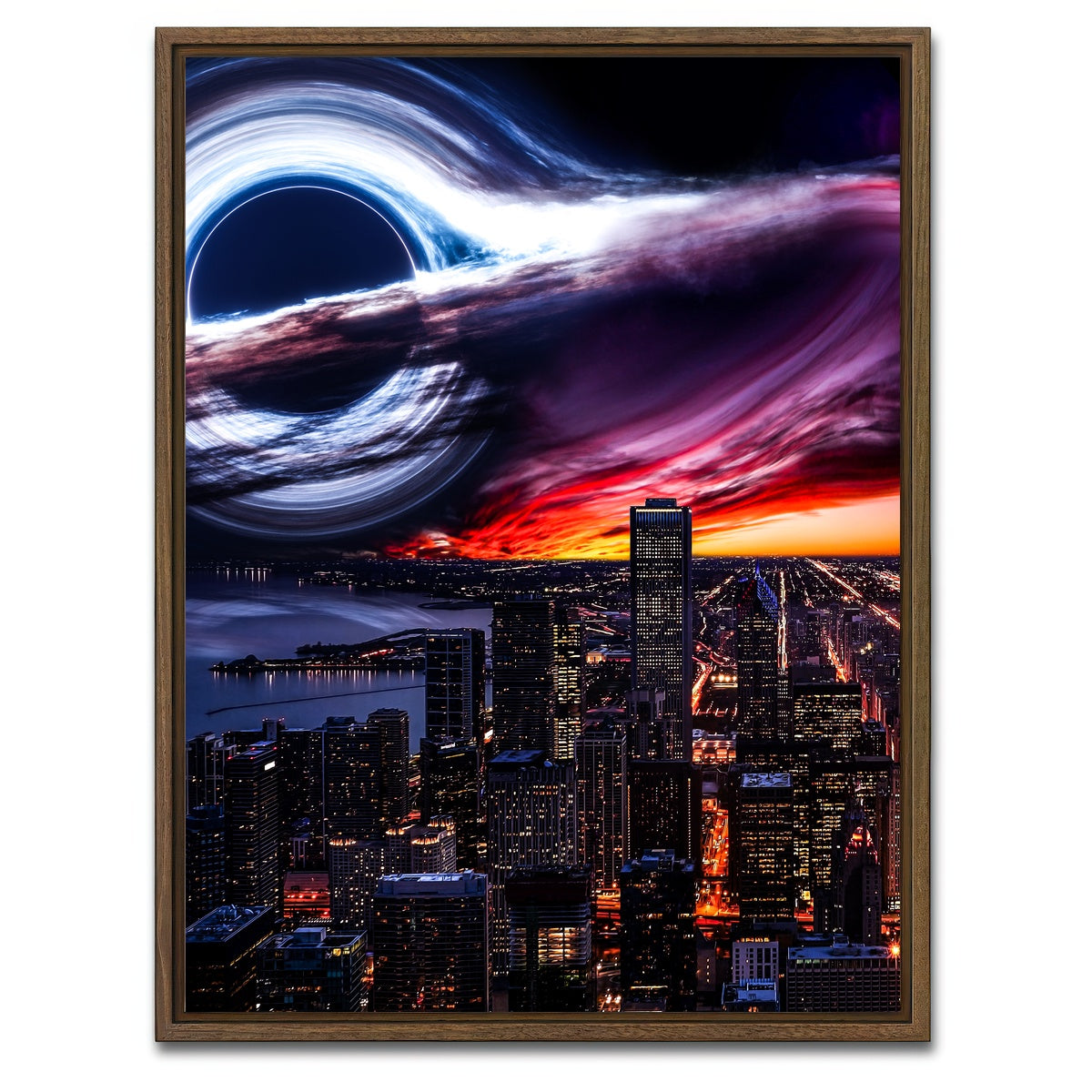 AUTO-MOCKUP WHITE | black hole city | 1 Piece | Walnut Framed Canvas | group=3x4