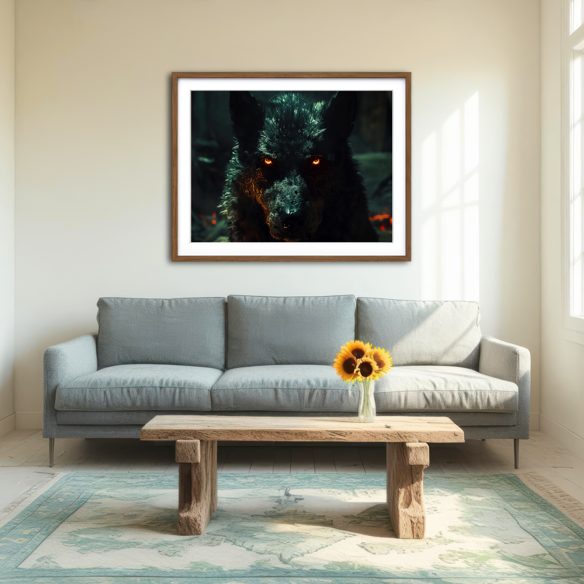 AUTO-MOCKUP ROOM | Black Wolf with Glowing Orange Eyes Wall Art