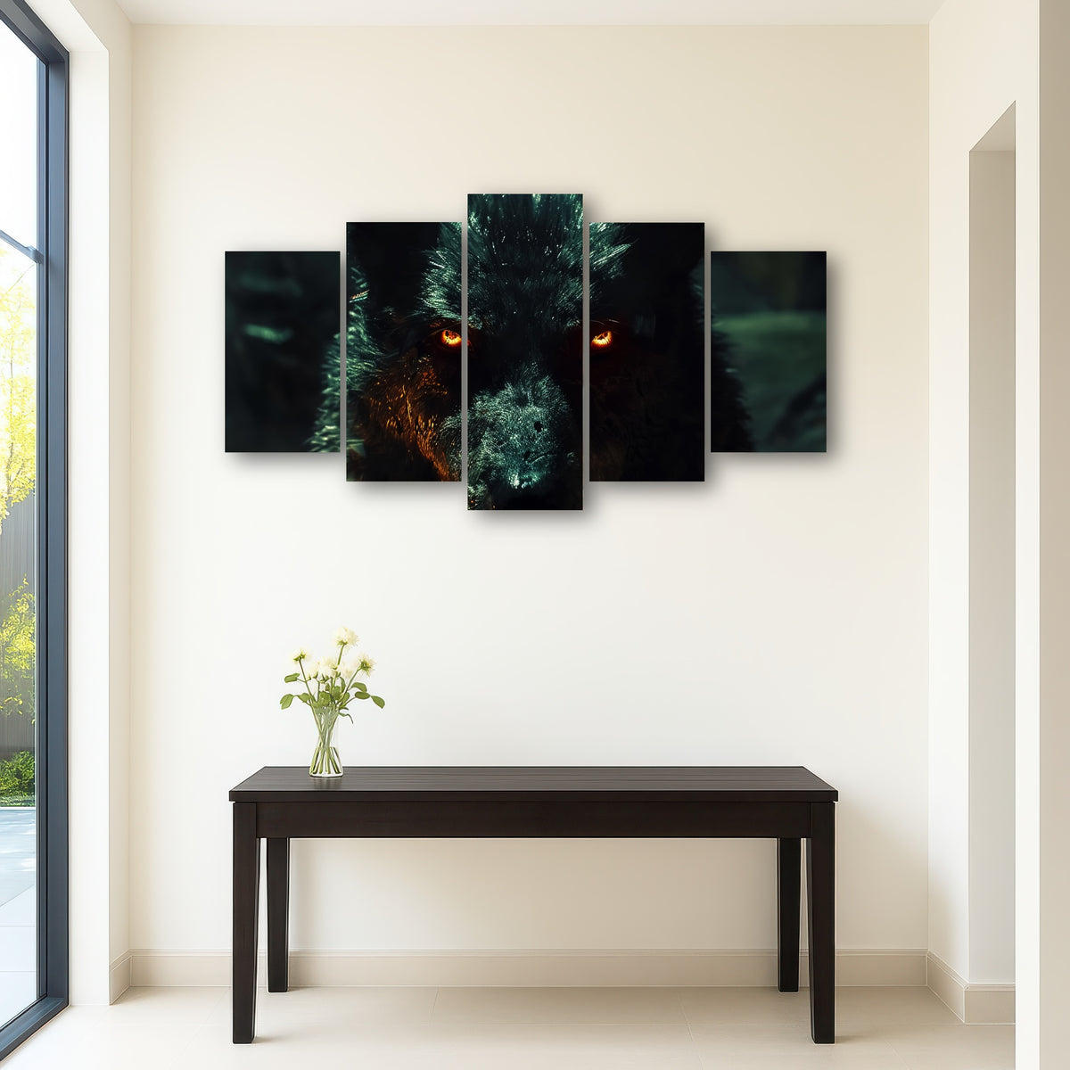 AUTO-MOCKUP ROOM | black wolf with glowing orange eyes