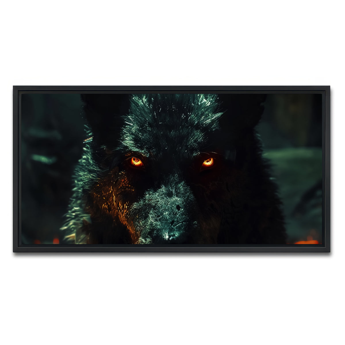 AUTO-MOCKUP WHITE | black wolf with glowing orange eyes | 1 Piece | Black Framed Canvas | group=2x1