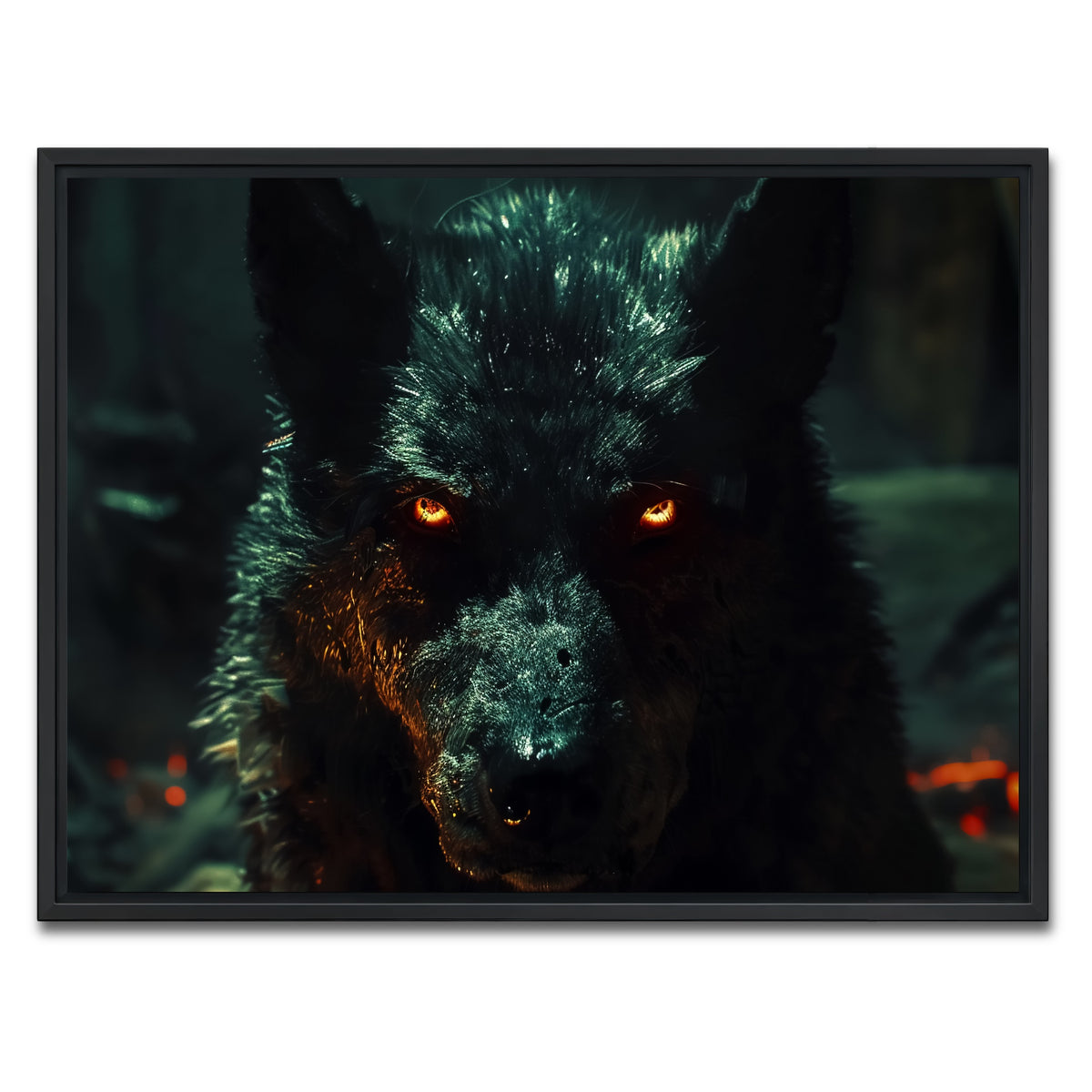 AUTO-MOCKUP WHITE | black wolf with glowing orange eyes | 1 Piece | Black Framed Canvas | group=4x3