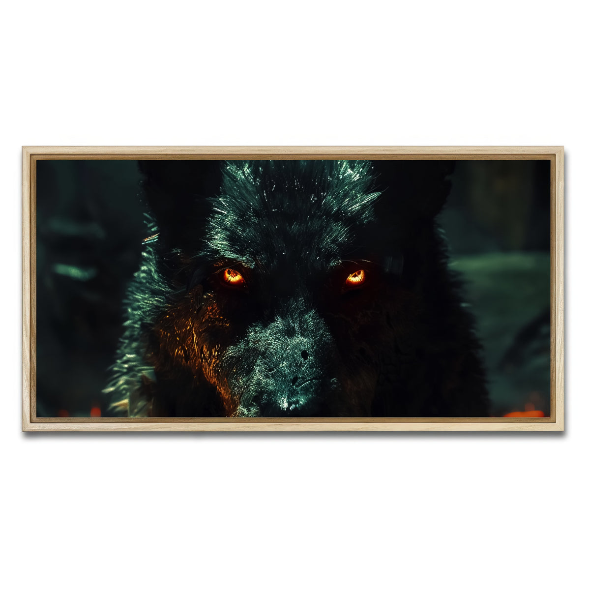 AUTO-MOCKUP WHITE | black wolf with glowing orange eyes | 1 Piece | Natural Framed Canvas | group=2x1