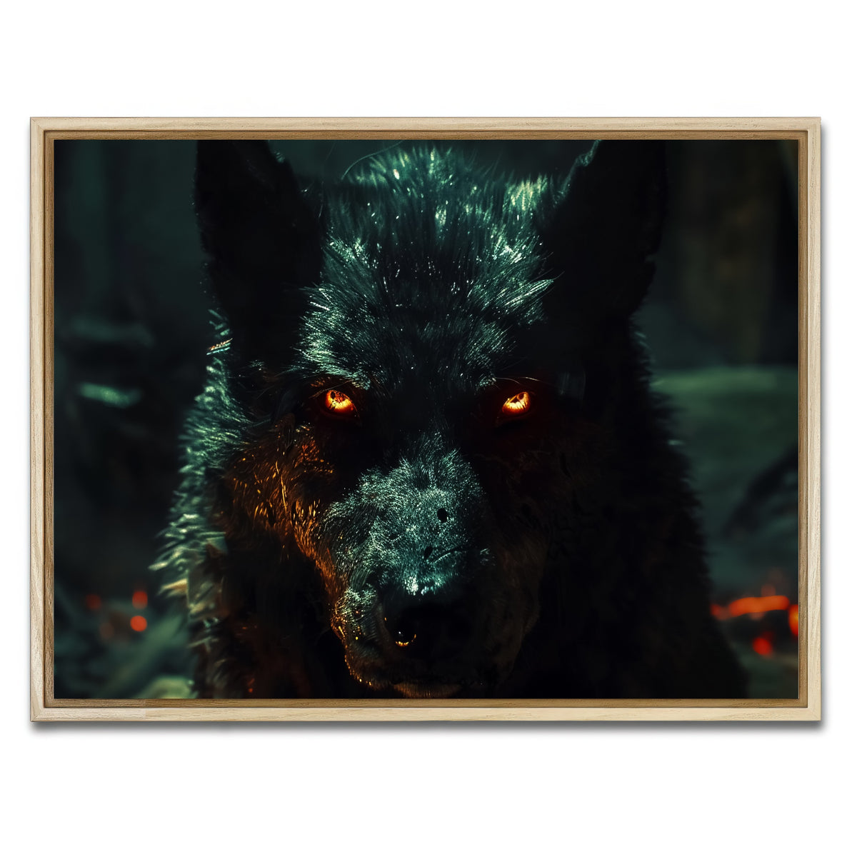 AUTO-MOCKUP WHITE | black wolf with glowing orange eyes | 1 Piece | Natural Framed Canvas | group=4x3