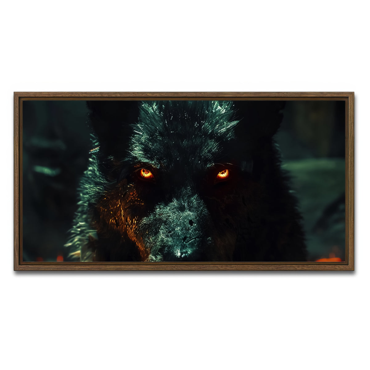AUTO-MOCKUP WHITE | black wolf with glowing orange eyes | 1 Piece | Walnut Framed Canvas | group=2x1