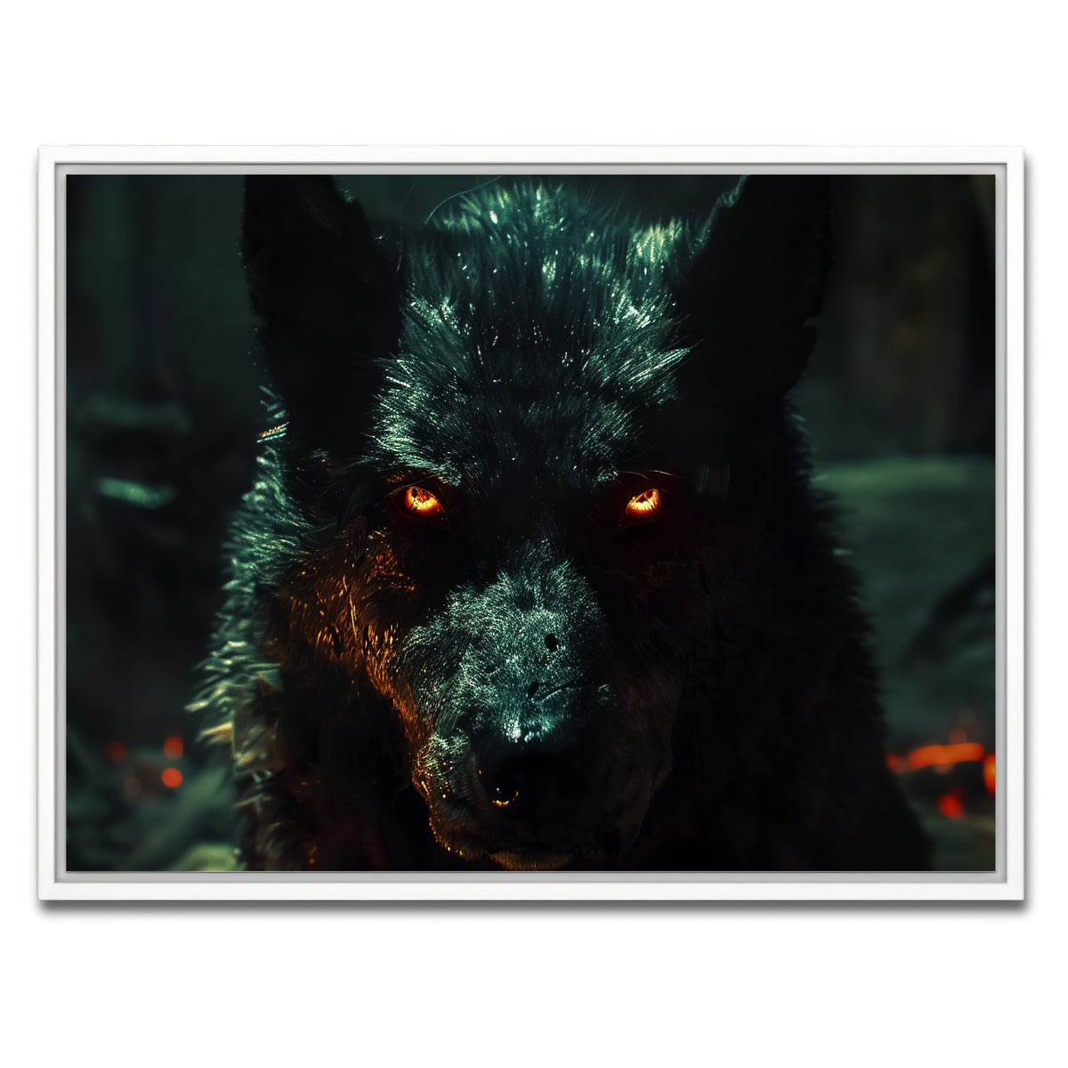 AUTO-MOCKUP WHITE | black wolf with glowing orange eyes | 1 Piece | White Framed Canvas | group=4x3