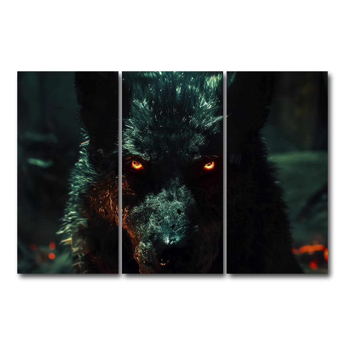 AUTO-MOCKUP WHITE | black wolf with glowing orange eyes | 3 Piece | Gallery Wrap Canvas | group=12x24