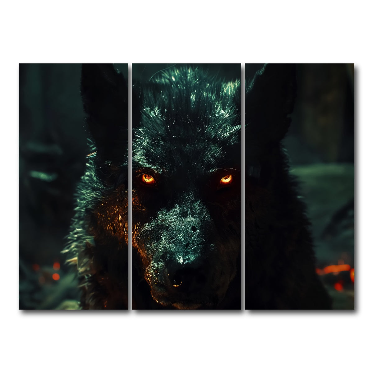 AUTO-MOCKUP WHITE | black wolf with glowing orange eyes | 3 Piece | Gallery Wrap Canvas | group=8x18