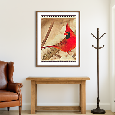 AUTO-MOCKUP ROOM | Cardinal Postage Stamp Wall Art