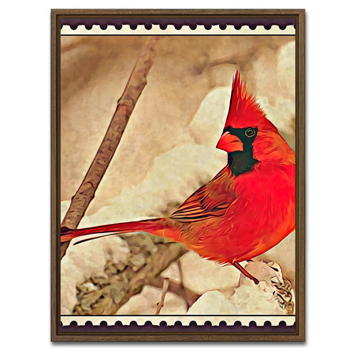 AUTO-MOCKUP WHITE | cardinal postage stamp | 1 Piece | Walnut Framed Canvas | group=3x4