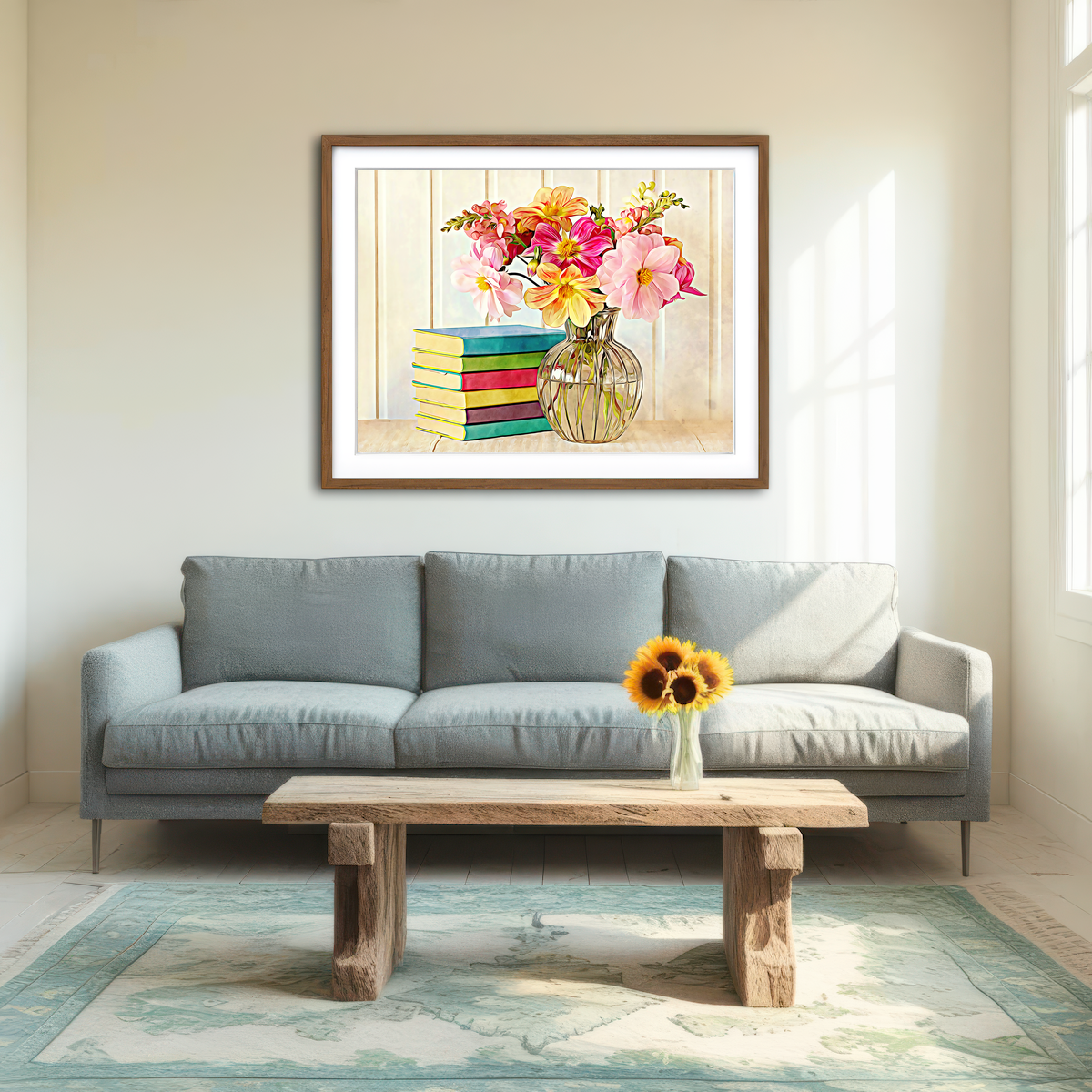 AUTO-MOCKUP ROOM | Dahlias and Colorful Books Wall Art