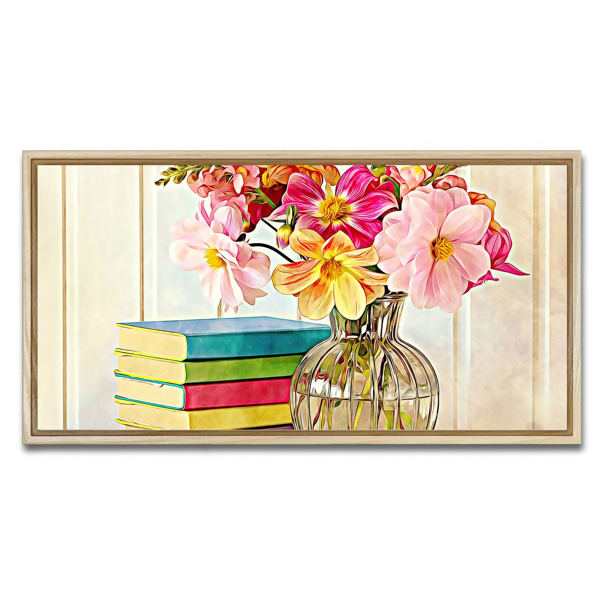 AUTO-MOCKUP WHITE | dahlias and colorful books | 1 Piece | Natural Framed Canvas | group=2x1