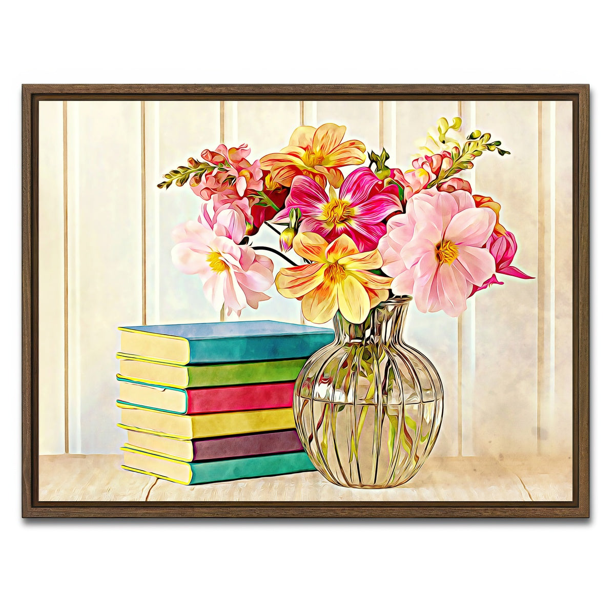AUTO-MOCKUP WHITE | dahlias and colorful books | 1 Piece | Walnut Framed Canvas | group=4x3