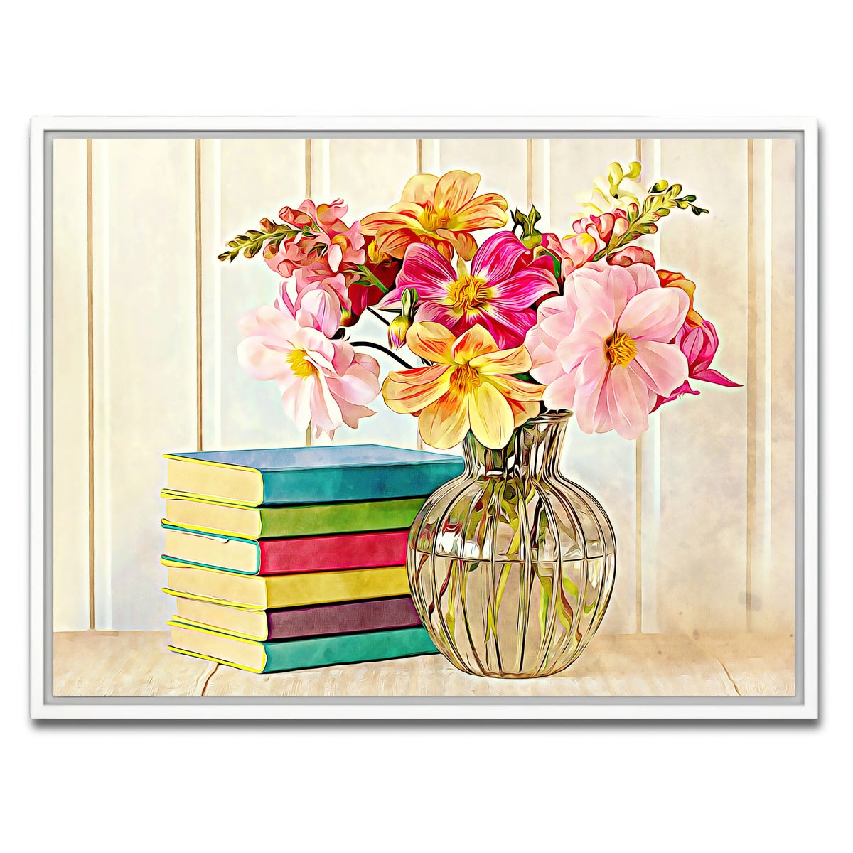 AUTO-MOCKUP WHITE | dahlias and colorful books | 1 Piece | White Framed Canvas | group=4x3
