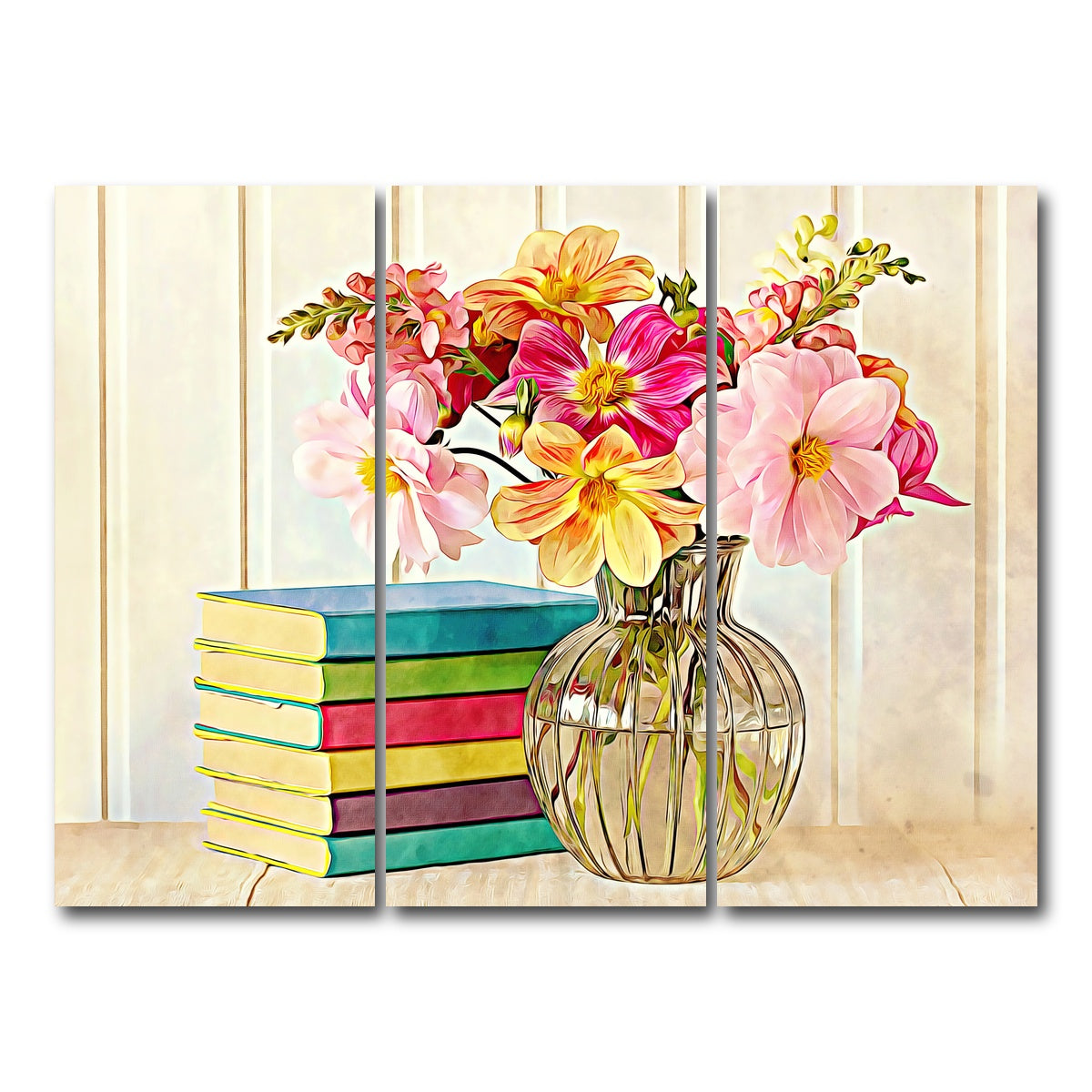 AUTO-MOCKUP WHITE | dahlias and colorful books | 3 Piece | Gallery Wrap Canvas | group=8x18