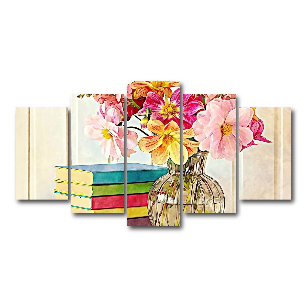AUTO-MOCKUP WHITE | dahlias and colorful books | 5 Piece | Gallery Wrap Canvas | group=5_normal