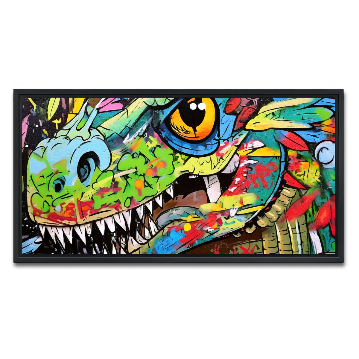 AUTO-MOCKUP WHITE | dinosaur graffiti | 1 Piece | Black Framed Canvas | group=2x1