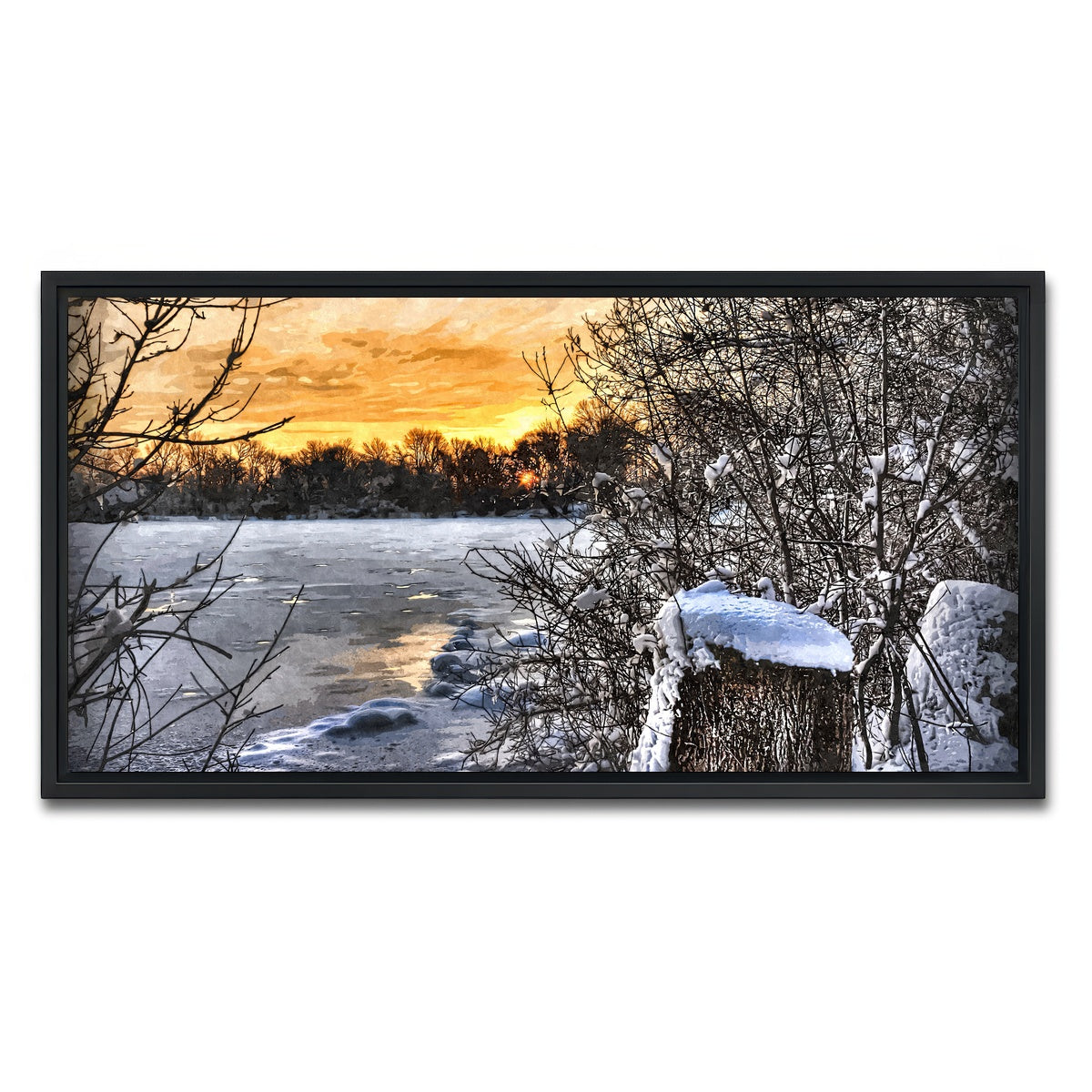 AUTO-MOCKUP WHITE | frozen lake at sunset | 1 Piece | Black Framed Canvas | group=2x1