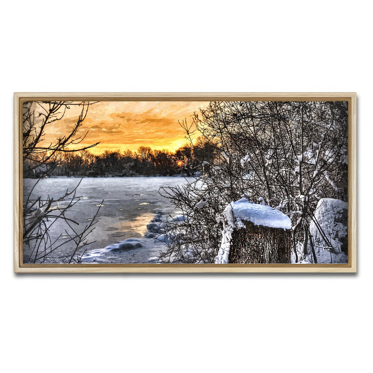 AUTO-MOCKUP WHITE | frozen lake at sunset | 1 Piece | Natural Framed Canvas | group=2x1