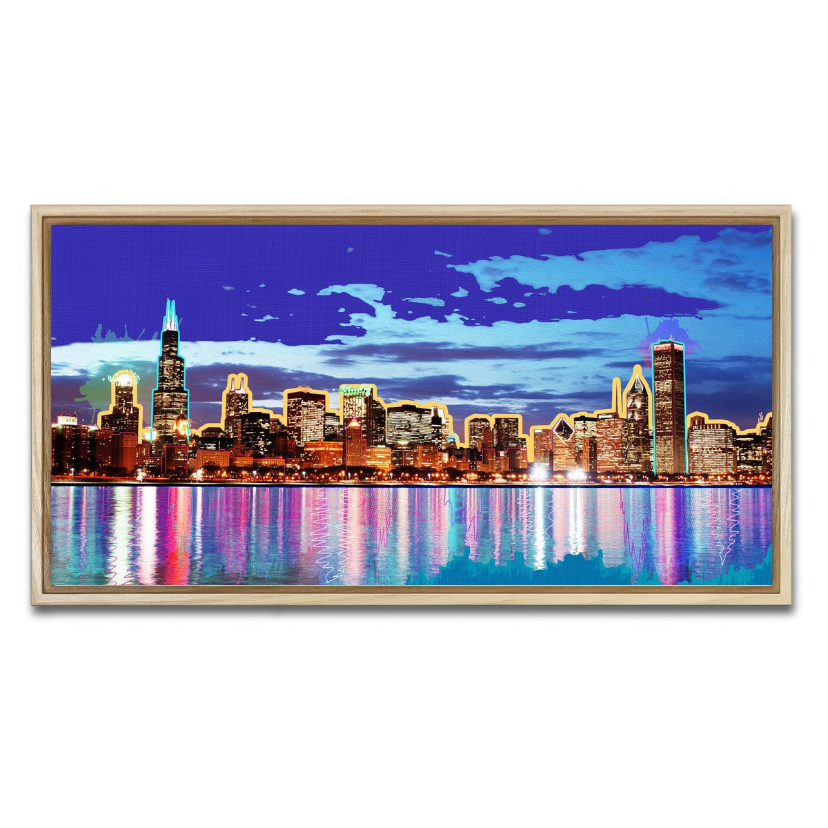 AUTO-MOCKUP WHITE | neon chicago skyline | 1 Piece | Natural Framed Canvas | group=2x1