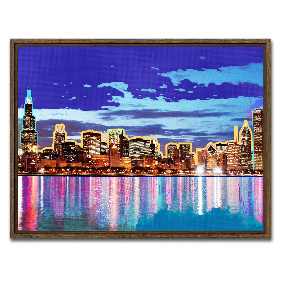 AUTO-MOCKUP WHITE | neon chicago skyline | 1 Piece | Walnut Framed Canvas | group=4x3