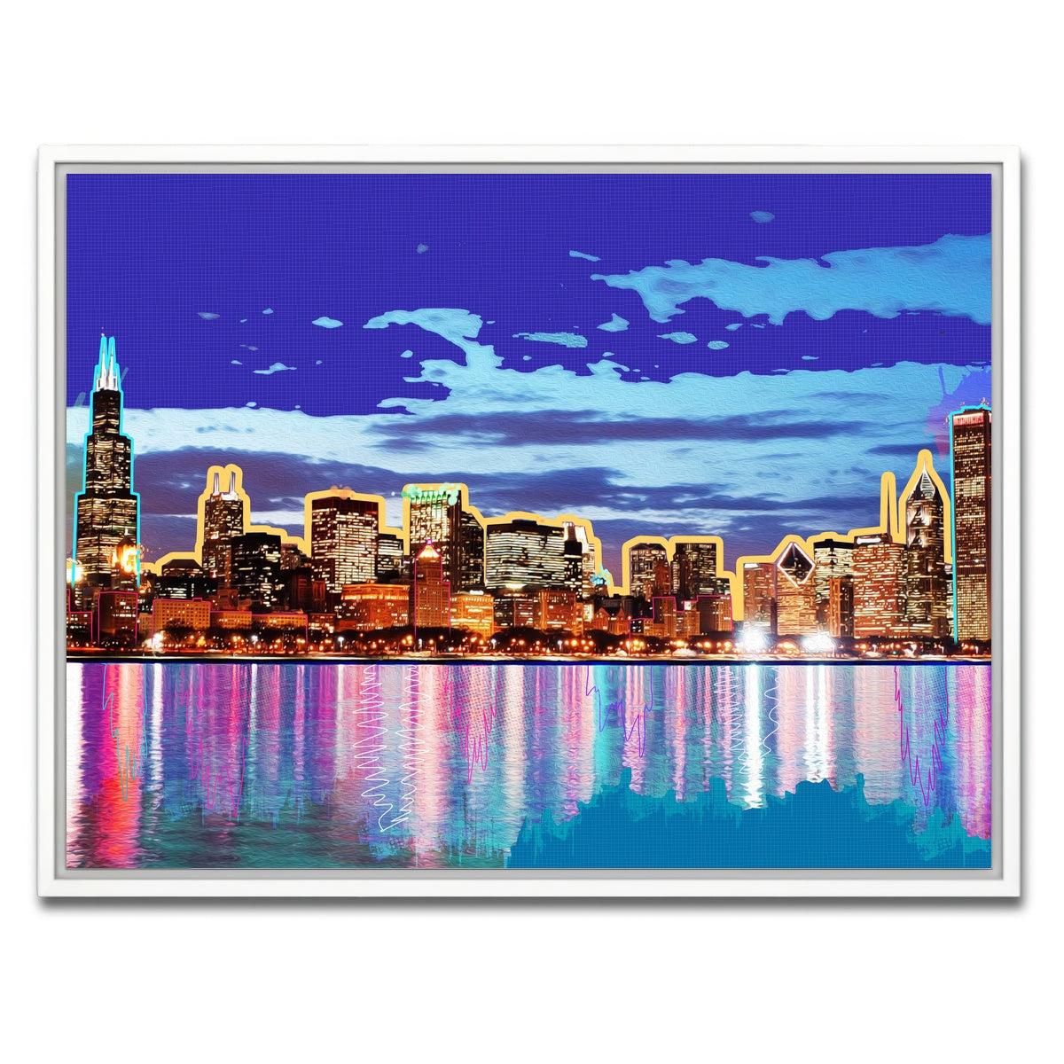 AUTO-MOCKUP WHITE | neon chicago skyline | 1 Piece | White Framed Canvas | group=4x3