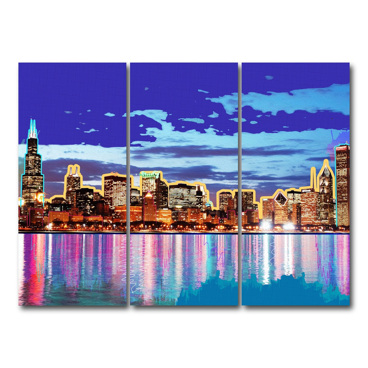 AUTO-MOCKUP WHITE | neon chicago skyline | 3 Piece | Gallery Wrap Canvas | group=8x18