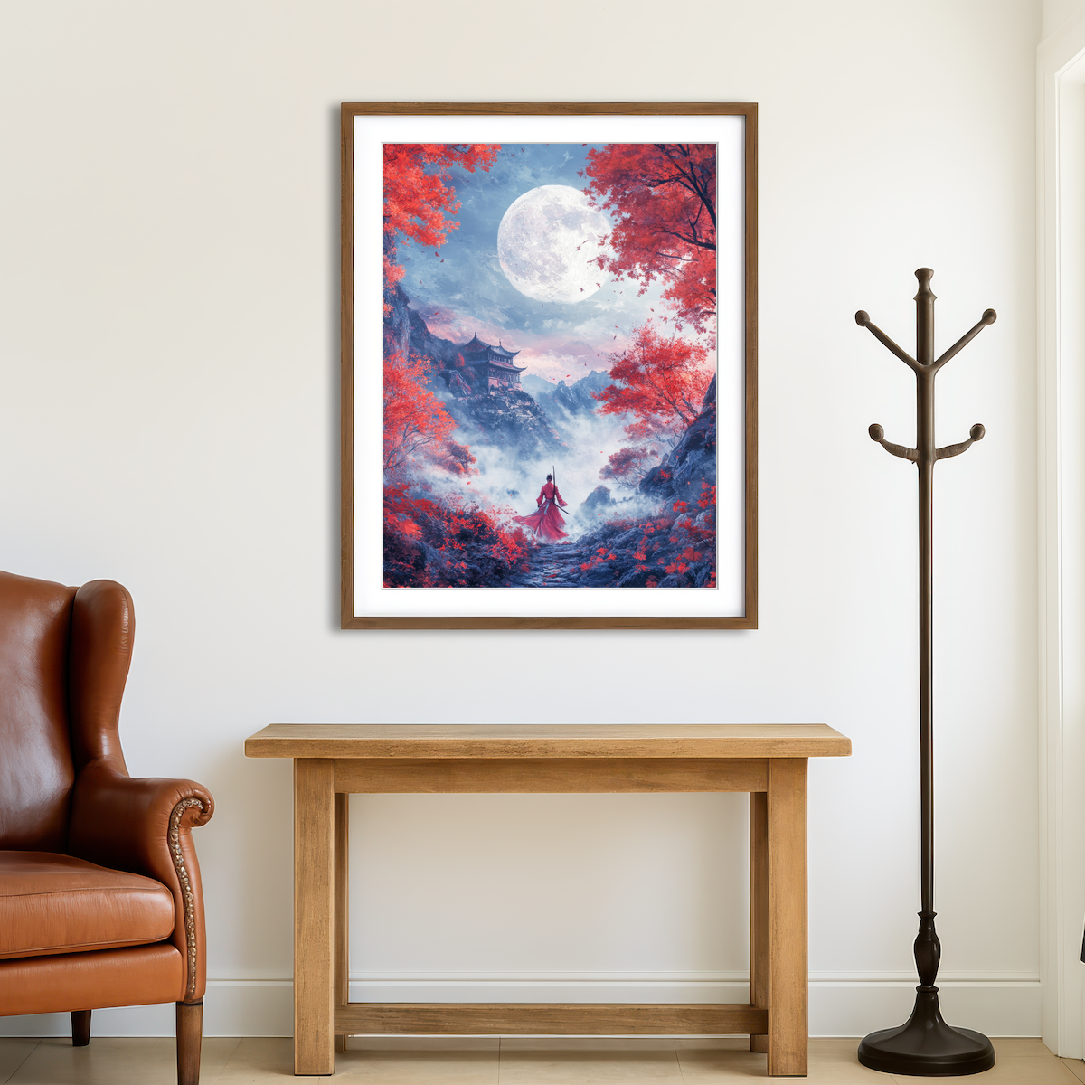AUTO-MOCKUP ROOM | Samurai Warrior Stands Before the Moon Wall Art