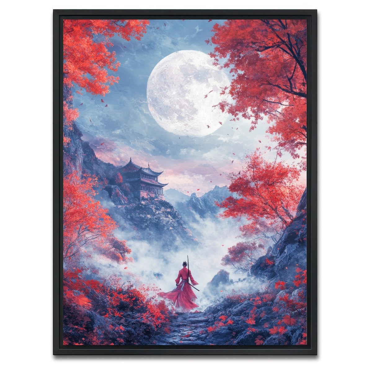 AUTO-MOCKUP WHITE | samurai warrior stands before the moon | 1 Piece | Black Framed Canvas | group=3x4