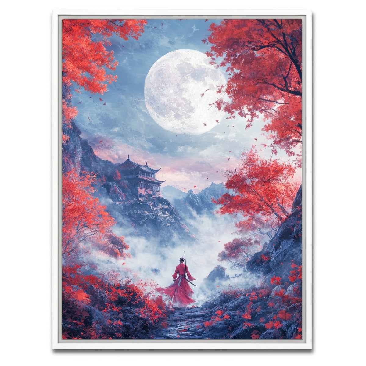 AUTO-MOCKUP WHITE | samurai warrior stands before the moon | 1 Piece | White Framed Canvas | group=3x4