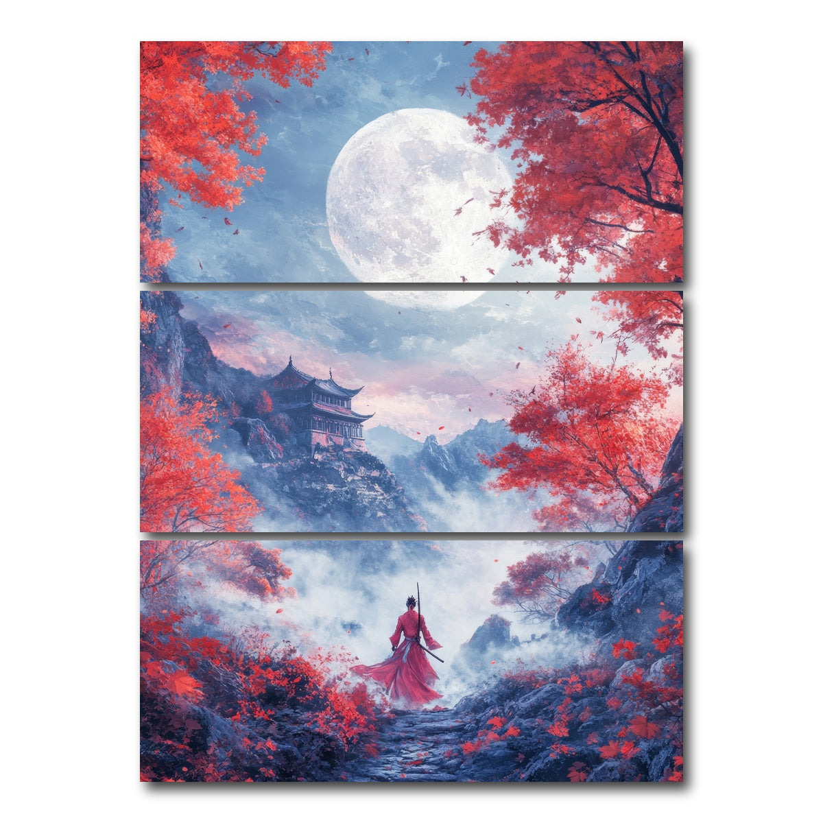 AUTO-MOCKUP WHITE | samurai warrior stands before the moon | 3 Piece | Gallery Wrap Canvas | group=8x18_stacked
