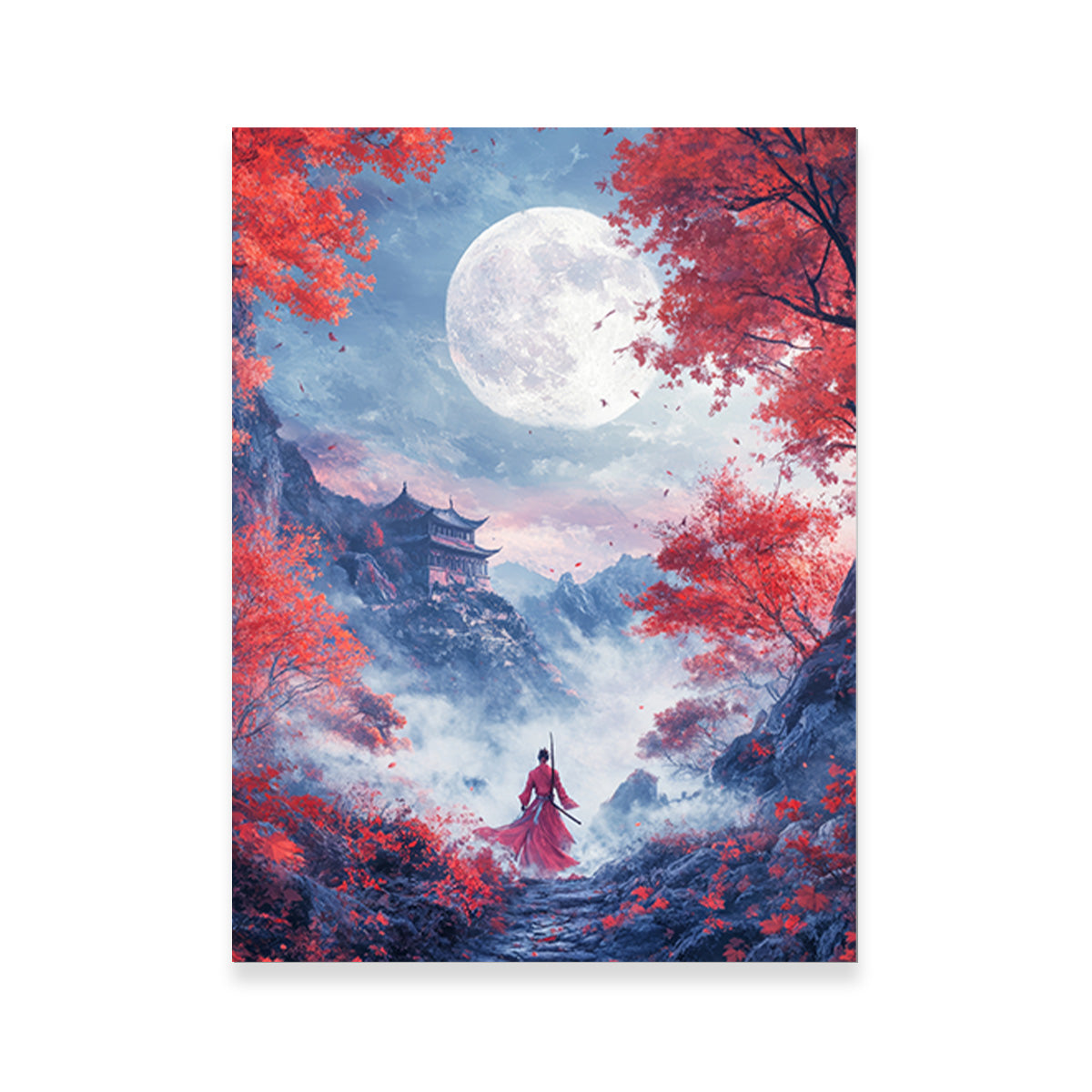 Samurai Warrior Stands Before the Moon Wall Art