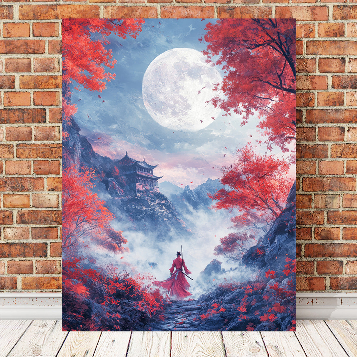 Samurai Warrior Stands Before the Moon Wall Art