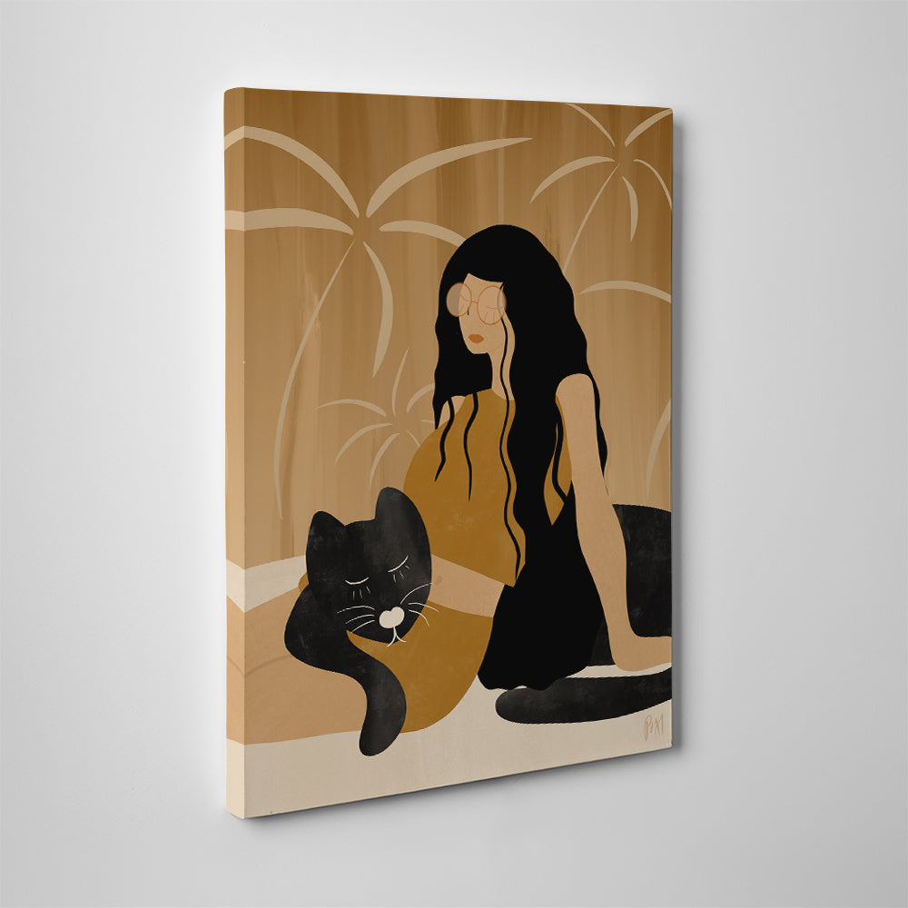 Girl and Wild Black Cat Wall Art