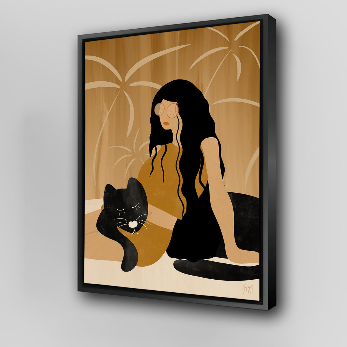Girl and Wild Black Cat Wall Art